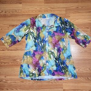 Parsley & Sage Tunic Blouse Women's 1X Watercolor Button Up Collared Artsy Boho